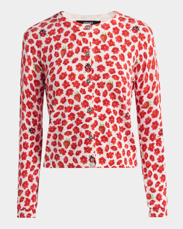 Strawberry Garden Print Silk Knit Cardigan